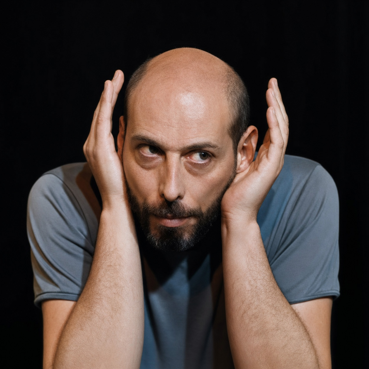 Portrait d'Augustin Morillo, les mains encadrant le visage, regard à l'objectif